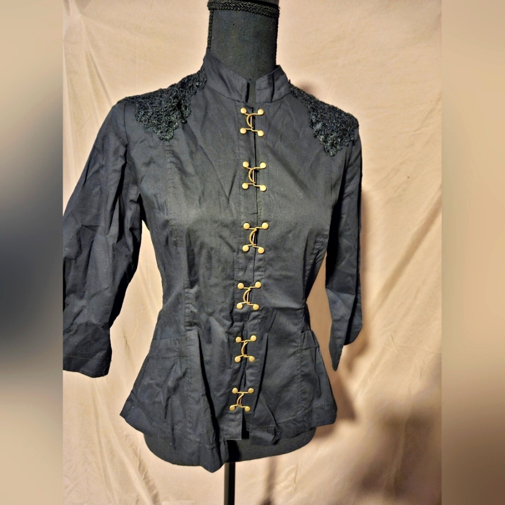 Contrast Black Embellished Lace Fitted Three-Quarter Sleeve Top Size Small